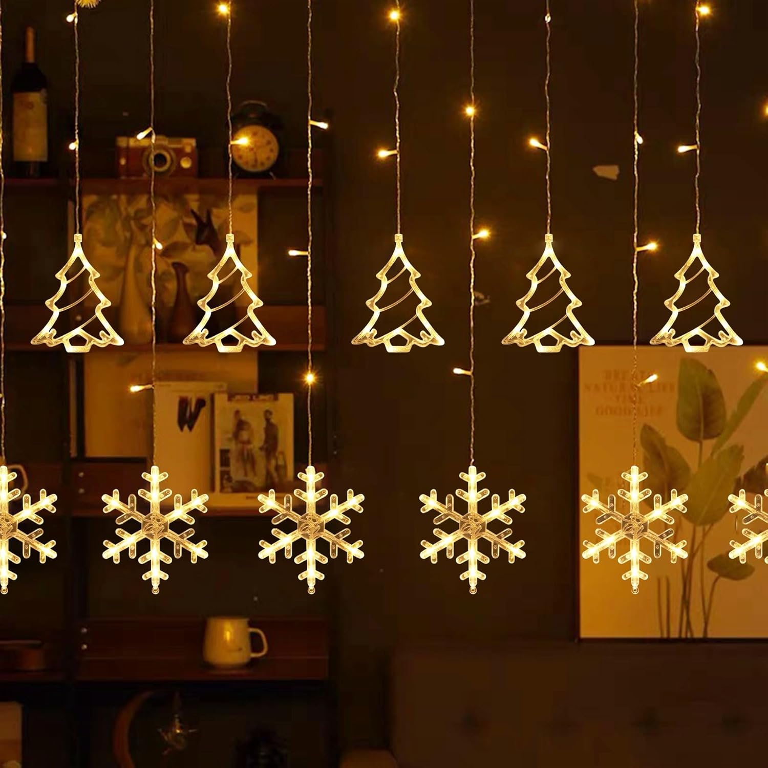 192 Led Christmas Curtain String Lights, 8.3 Ft Linkable Warm White Window Fairy Lights With 12 Christmas Tree & Snowfla