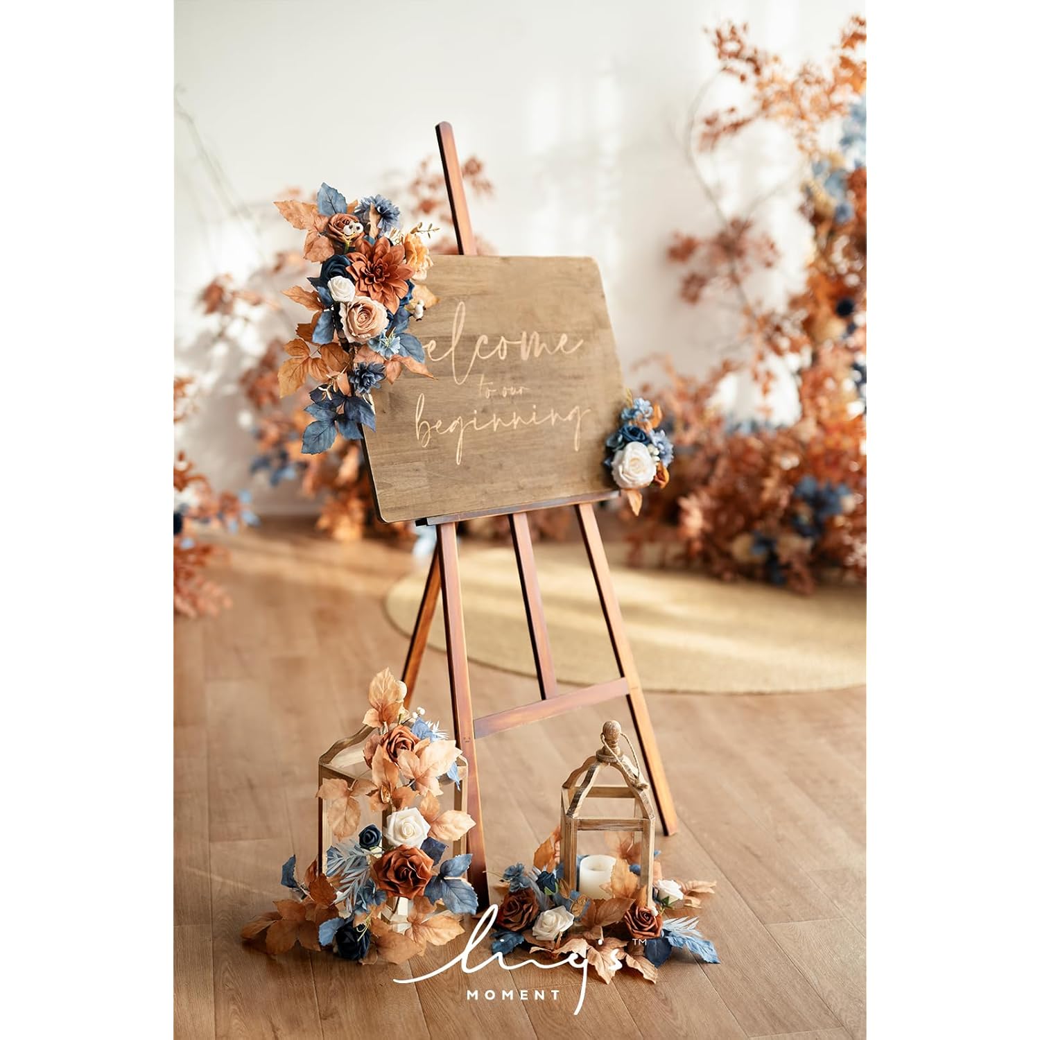 2Pcs Artificial Welcome Sign Swag Wedding Arch Flowers Backdrop Decorations Floral Garland Orange Terracotta Navy Blue Rose Ceremony Party Reception Board Door Wall Home Entryway Outdoor