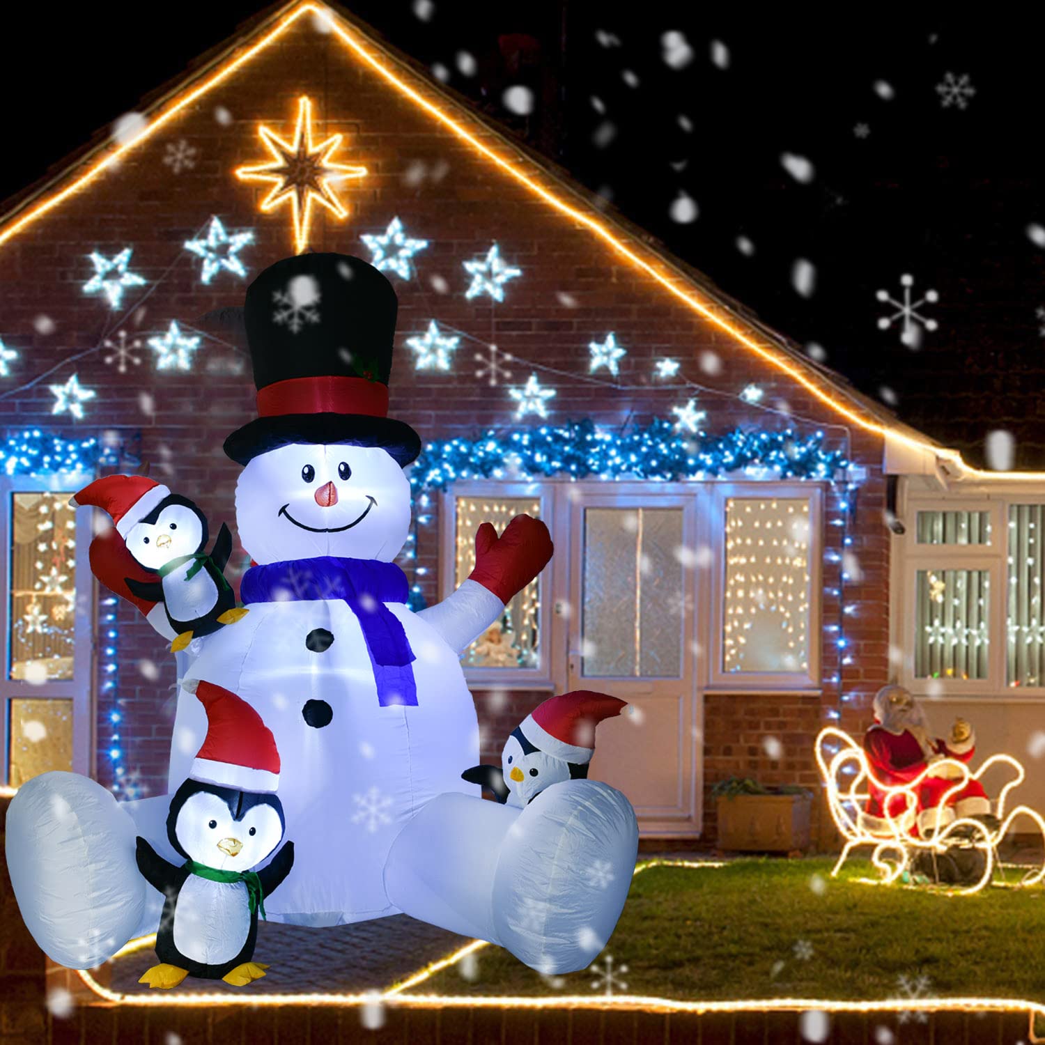 7Ft Lighted Christmas Inflatable Snowman With Three Cute Penguins, Building 3 Led Lights Outdoor Indoor Holiday Decorati