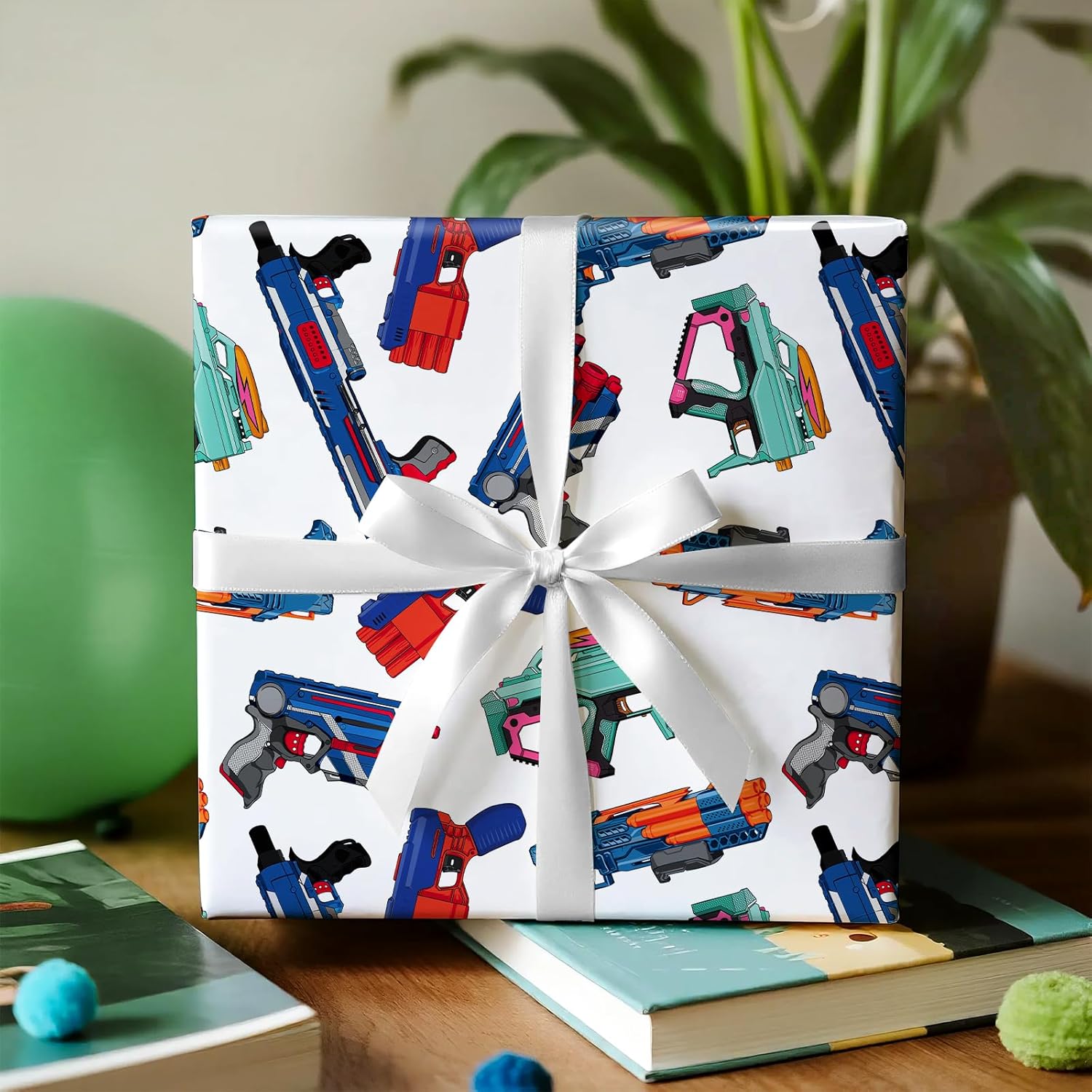 Gun Wrapping Paper Roll - Mini Roll - 17 Inch X 9.8 Feet - Cartoon Gun Toys Wrapping Paper, Perfect For Boys Birthday, Baby Shower, Game Lover