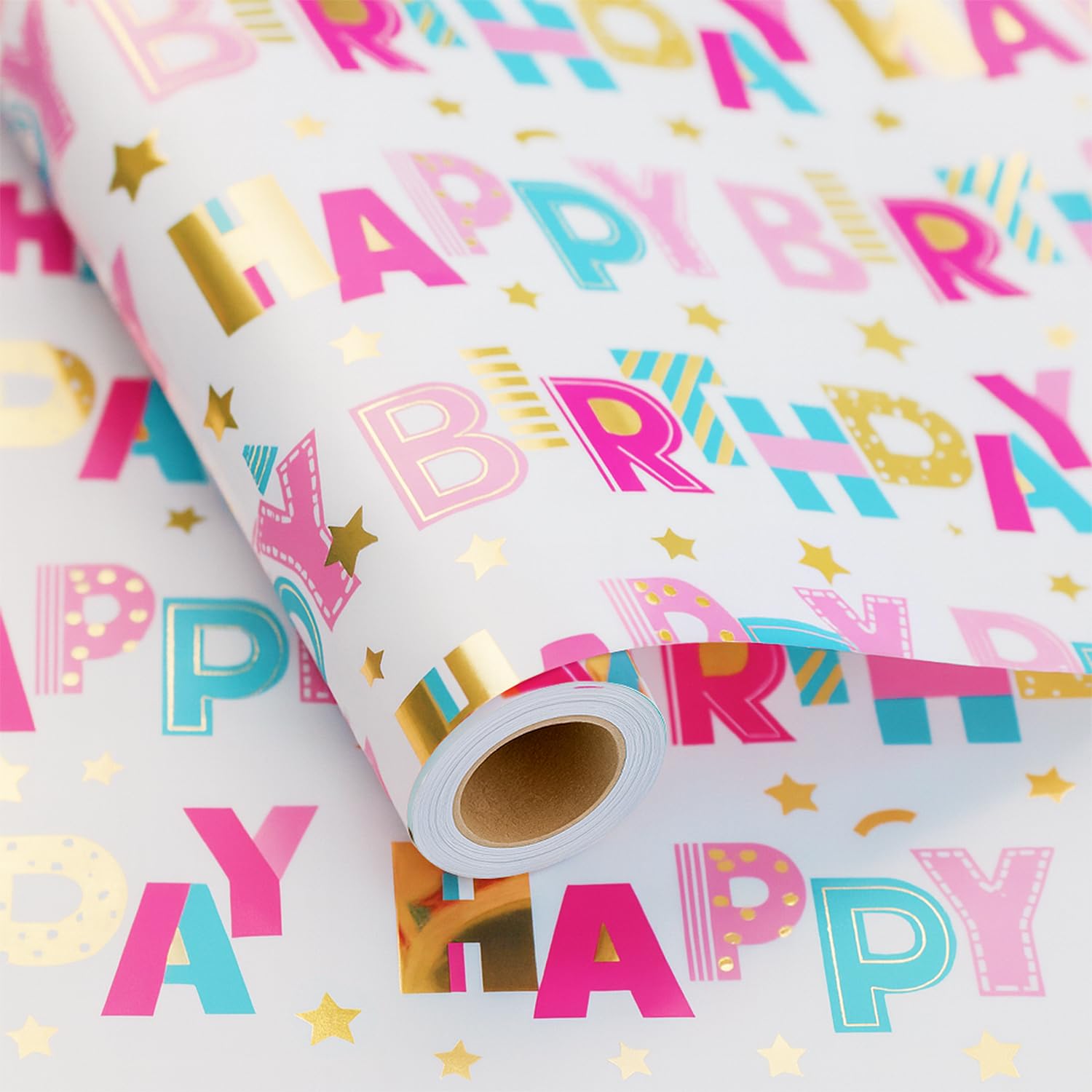 Birthday Wrapping Paper Roll - 1 Roll(17" X 33Ft) - Pastel Happy Birthday Gift Wrap Supplies For Kids