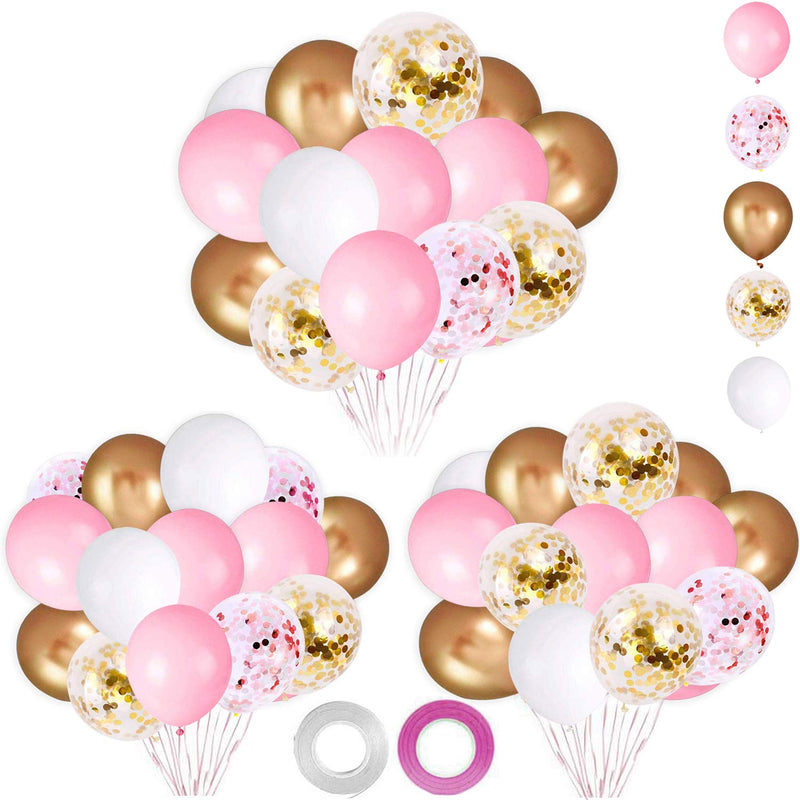 62Pcs Pink Gold Confetti Latex Balloons Kit, 12 Inch Pink White Gold H