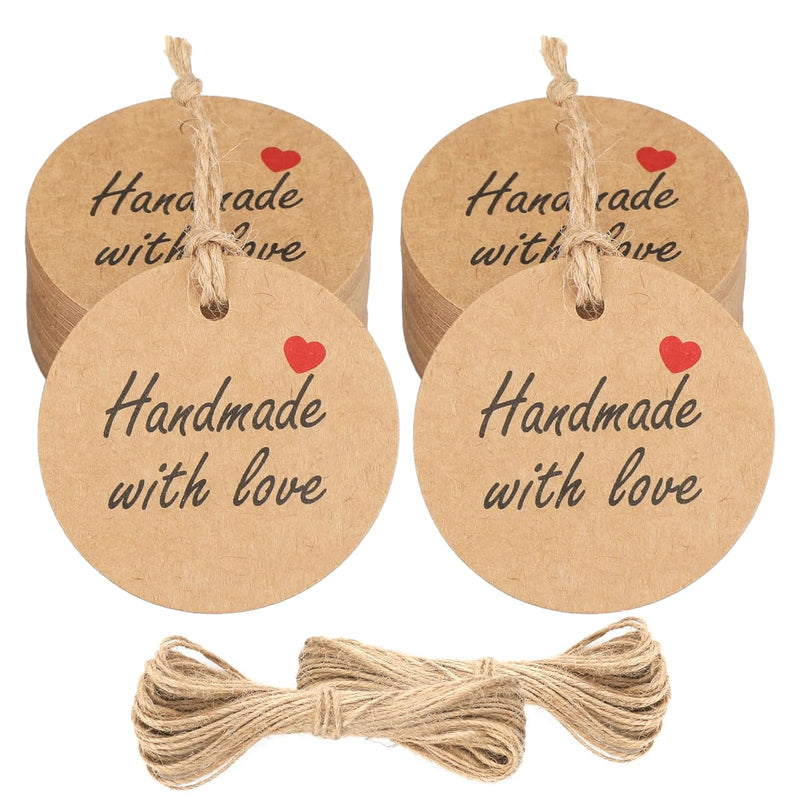 100Pcs Handmade With Love Tags,100Pcs Kraft Paper Gift Tags With String,Made W