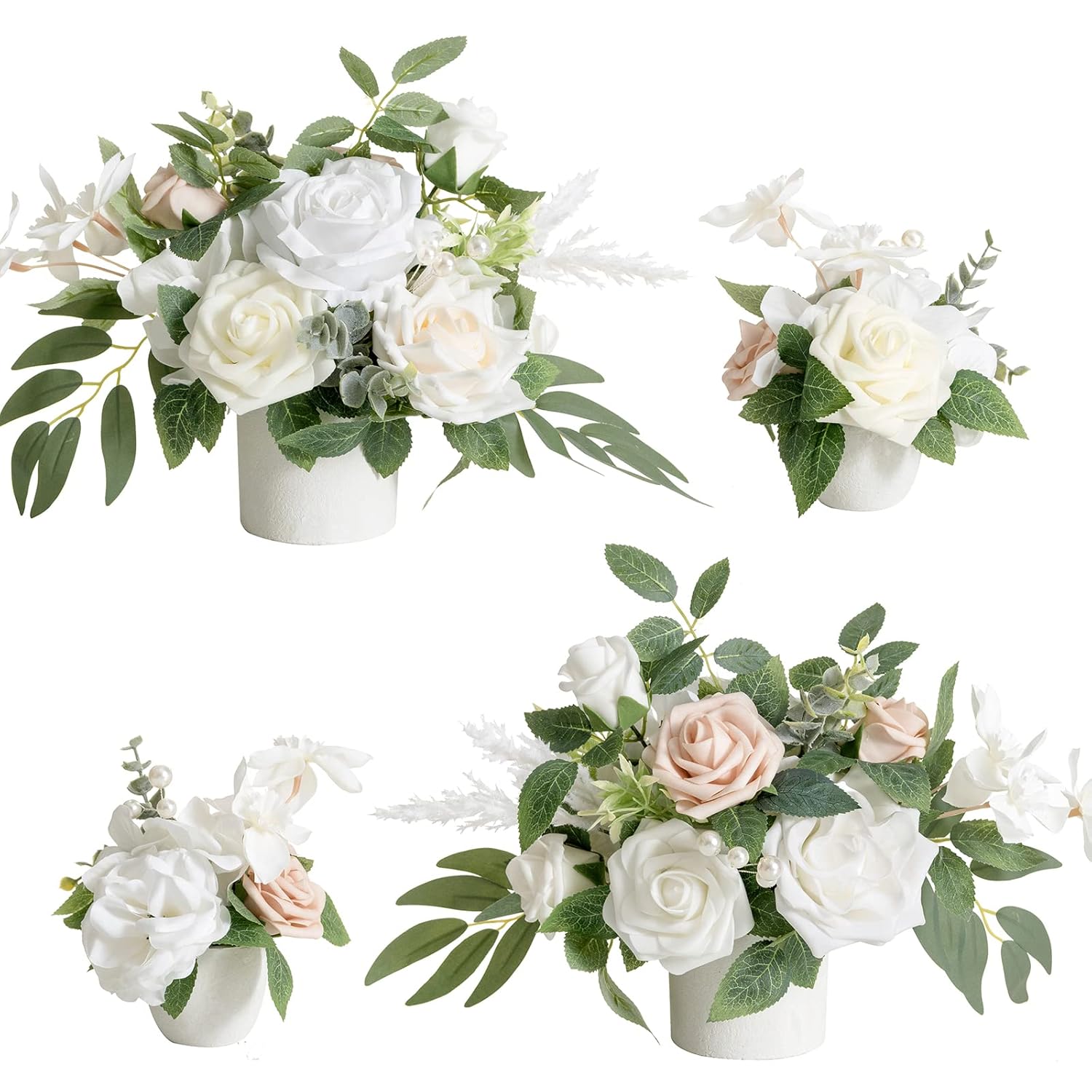 White & Sage Artificial Flowers With Vase Wedding Decor Centerpiece Flower Potted For Ceremony Reception Tabletop Desk Flowers Mantel Archway Aisle, Fake Flowers Set Of 4