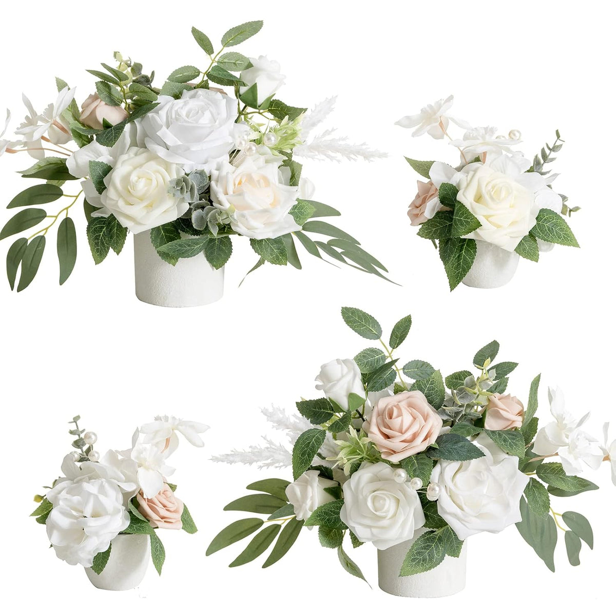 White & Sage Artificial Flowers With Vase Wedding Decor Centerpiece Flower Potted For Ceremony Reception Tabletop Desk Flowers Mantel Archway Aisle, Fake Flowers Set Of 4