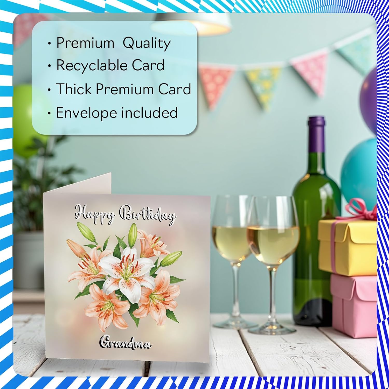 Grandma Birthday Card - Floral Flowers - Happy Birthday Card For Grandma From Grandson Granddaughter, 5.7 Inch Lilies Bday Greeting Cards