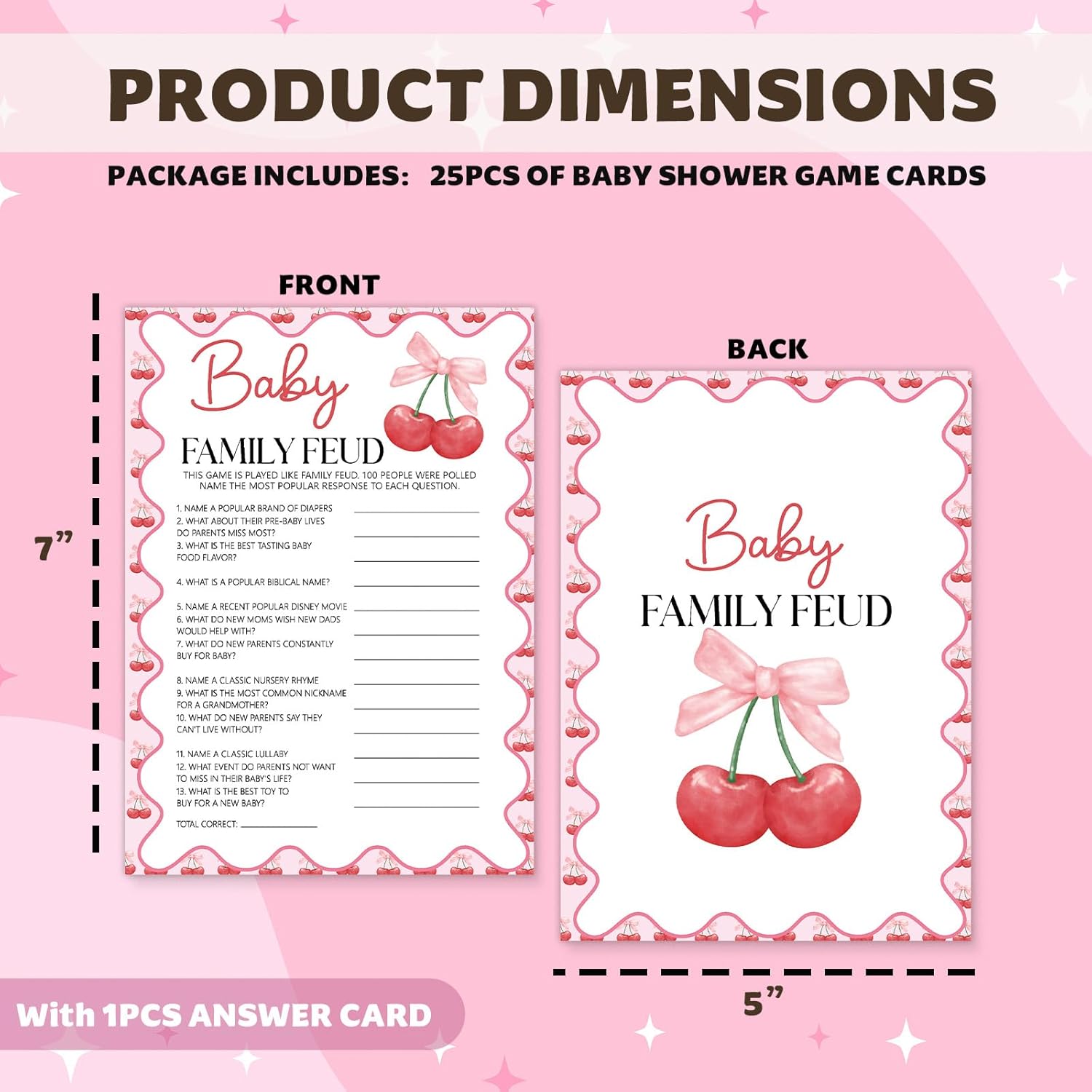 Hilarious Baby Shower Games - Baby Family Feud Game, Pink Bow Cherry Party Decorations Favors, Ice Breaker Activities For Parents-To-Be-25 Pcs, 5X7 In -B03