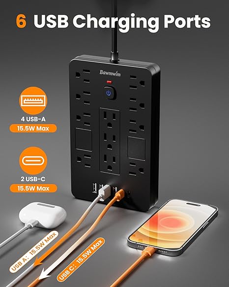 Surge Protector Power Strip 8 Outlets 6 USB Ports 2 USB C 6FT Flat Plug Extension Cord 1800J Black