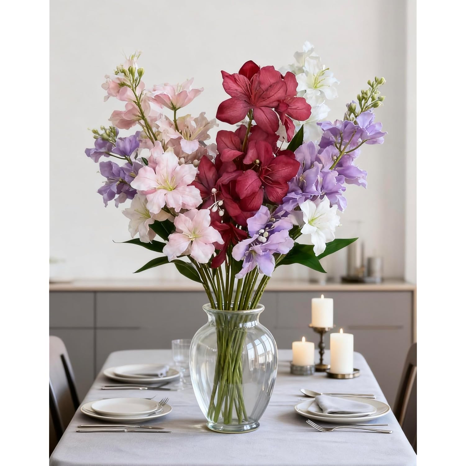 10-Bud Artificial Lily Flowers, 4 Pcs Fake Outdoor Flowers, Uv Resistant Faux Flowers For Outdoor Planters, Silk Flowers For Wedding, Party, Table Centerpiece, No Fade, Bendable Stems