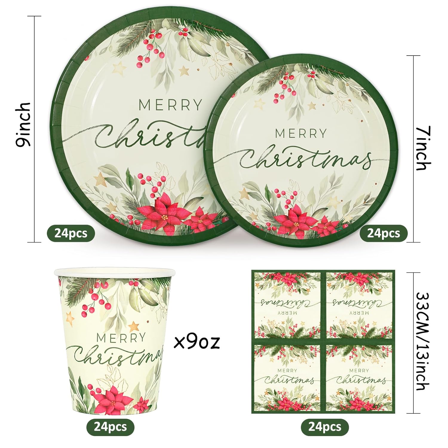 24 Sets Christmas Holly Paper Plates Cups Napkins Party Decorations Poinsettia Mistletoe Disposable Plates Merry Christmas Tableware Set For Xmas Winter Holiday Wedding Birthday Party