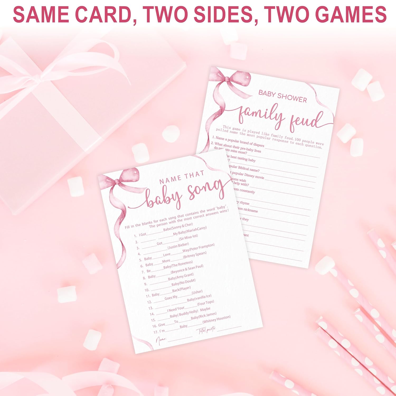 5"X 7" Baby Shower Games Kit, 30 Pcs Pink Bow Baby Song & Family Feud Two-In-One Game Cards With Answer Card, For Parents-To-Be, Baby Announcement, Gender Reveal, Party Favor & Decorations - F05