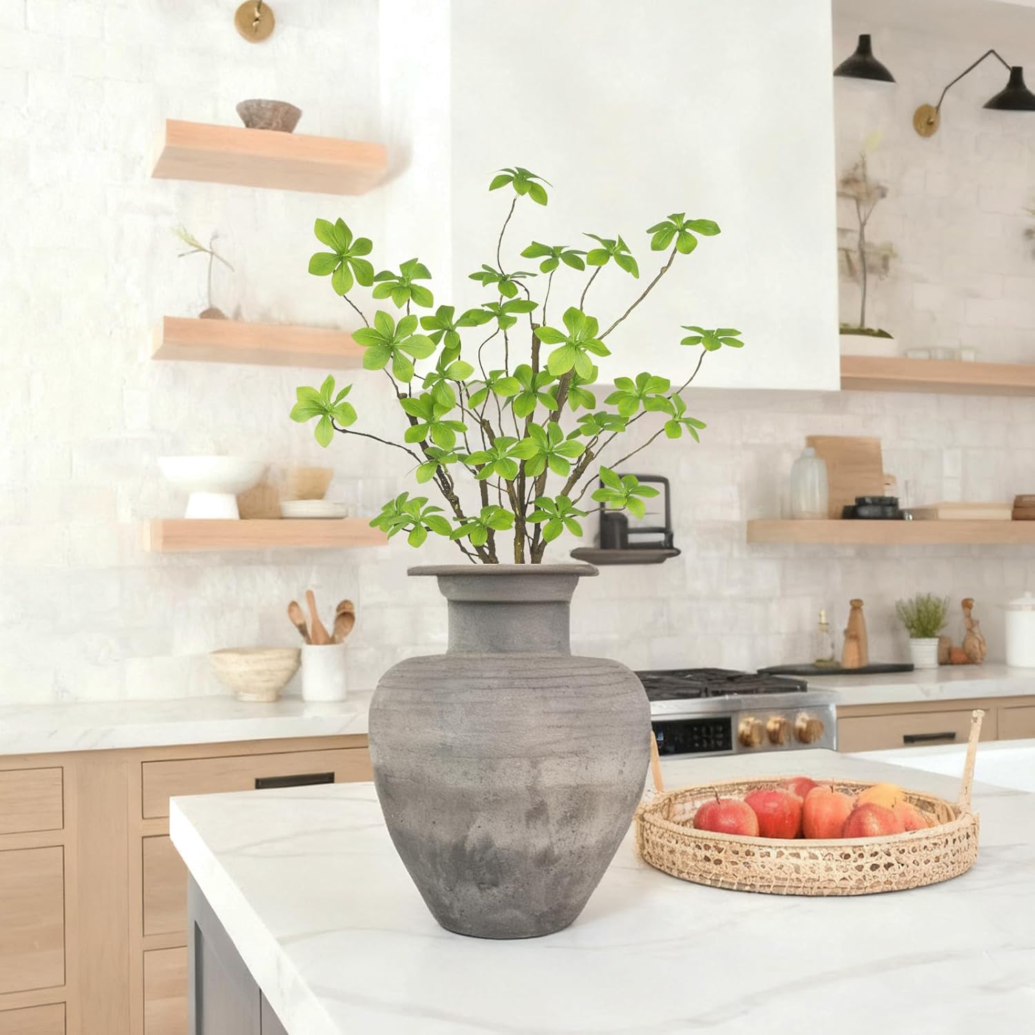 3 Pcs Artificial Green Leaves Stem Plants Faux Floral Stems Fake Leaves Silk Artificial Greenery Branches With Long Stem For Vases Farmhouse Centerpiece Home Office Party Wedding Shop Decor