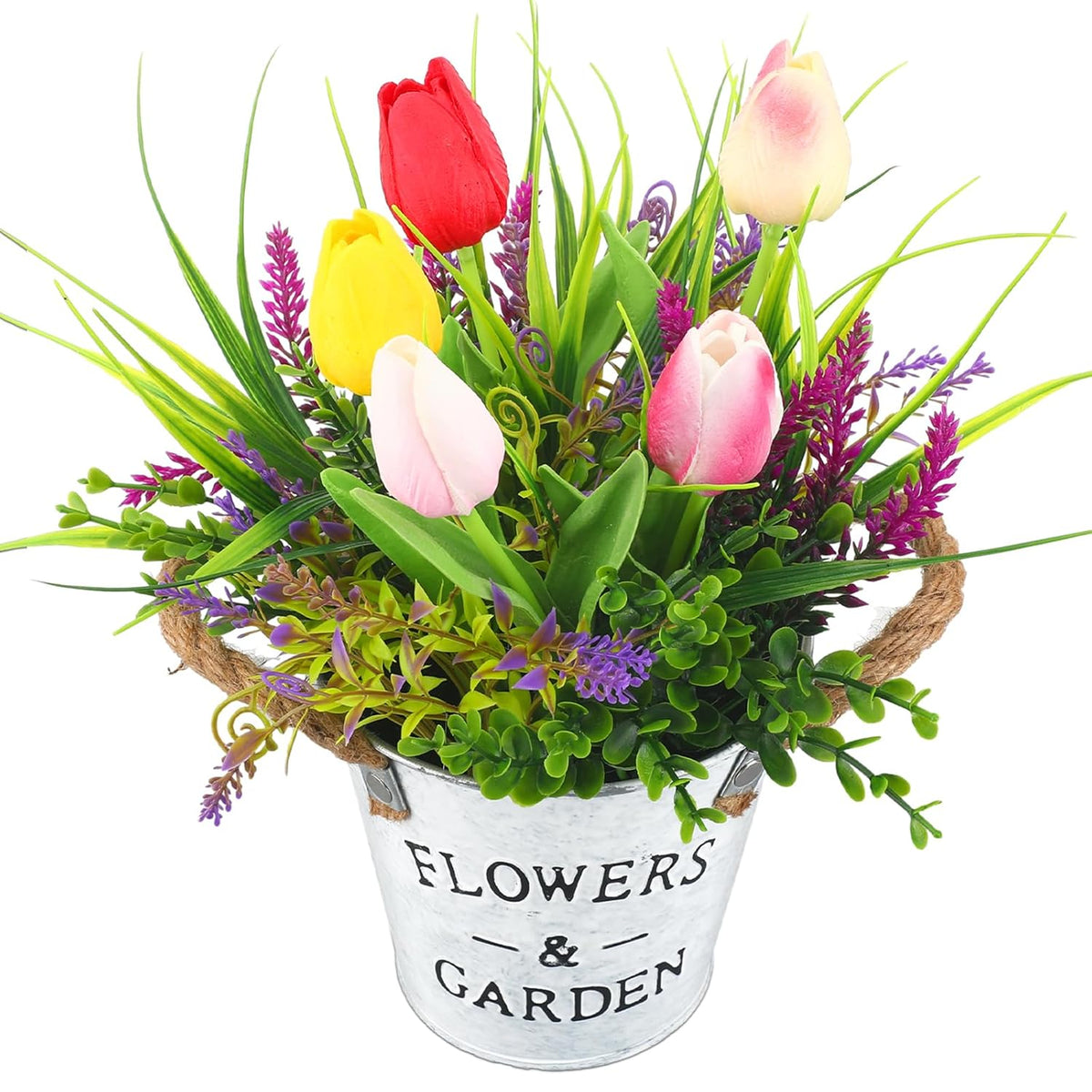 Artificial Potted Flowers 10" Tall Fake Tulips Lavender Spring Table Centerpiece Farmhouse Floral Arrangement In Vase Faux Decorative Plants For Home Office Patio Decor Easter Mother Gift