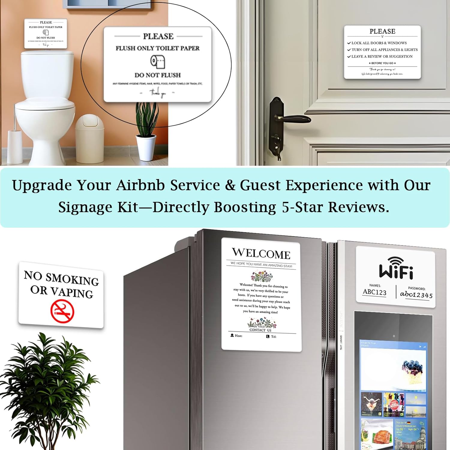 5 Acrylic Air Bnb Sign Bundle, Magnetic Welcome Signs | Wifi Password Fridge Magnet, House Rules – Do Not Flush For Bathroom Toilet Guests | No Smoking Signage | Str Host | Rental Home | Vrbo Signs