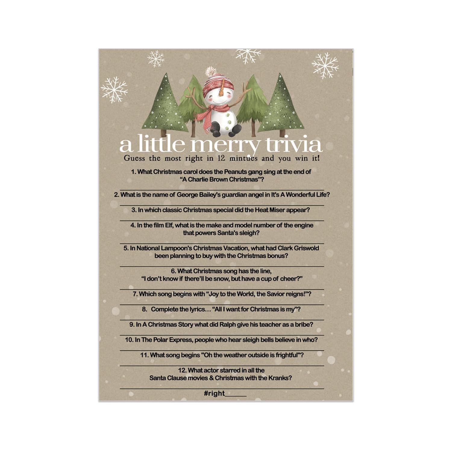 Snow Much Fun Trivia Game Holiday Party Activity With Movie And Song Questions For Adults, Office, Group, Snowman Thanksgiving, 25 Pack, 5X7 Cards, Version 4