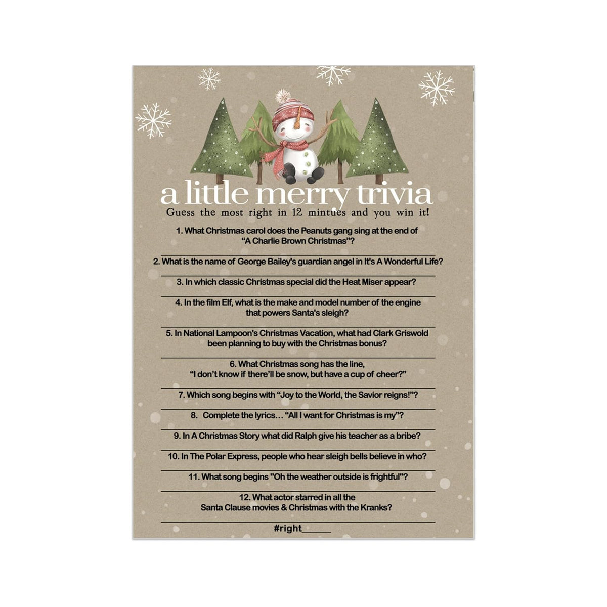 Snow Much Fun Trivia Game Holiday Party Activity With Movie And Song Questions For Adults, Office, Group, Snowman Thanksgiving, 25 Pack, 5X7 Cards, Version 4