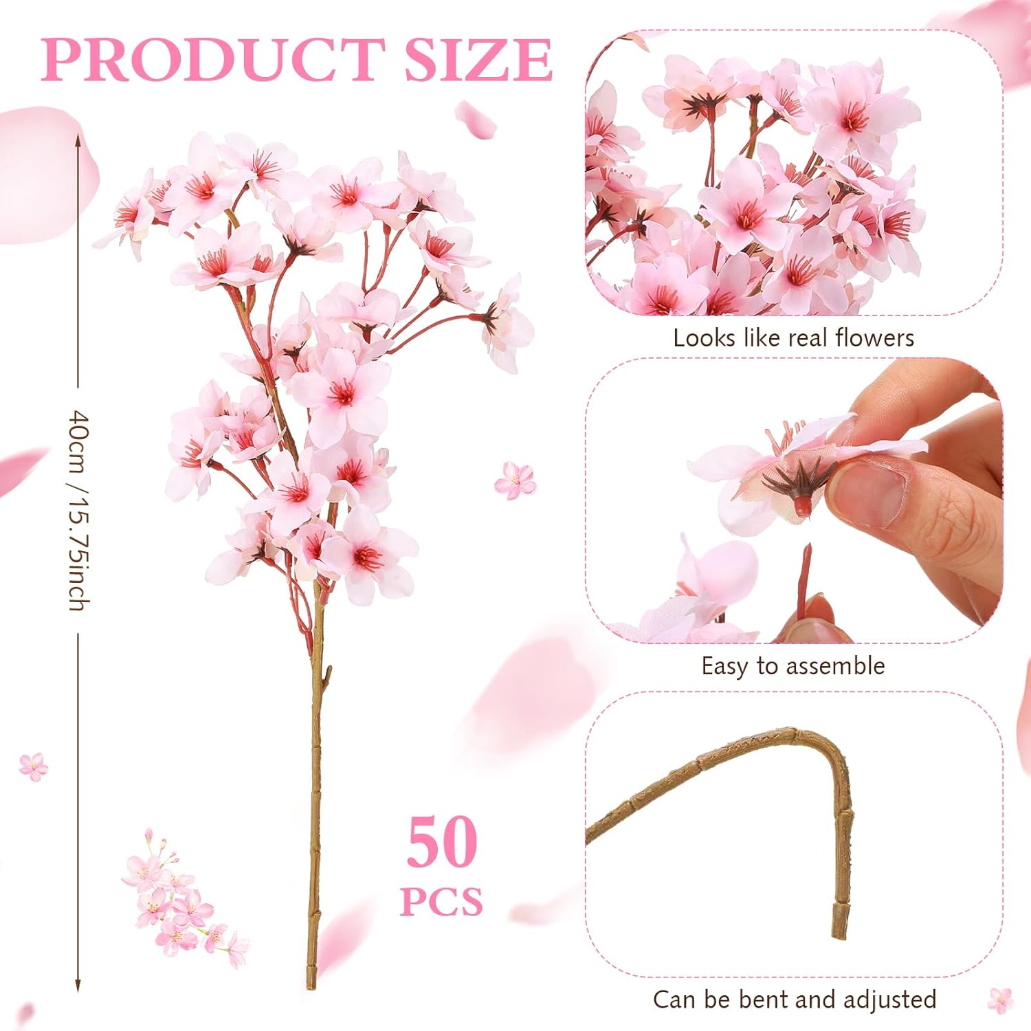 50 Pcs Artificial Cherry Blossom Flower Silk Cherry Blossom Branches 15.7 Inch Fake Floral Branches Bundles Faux Flower Stems For Vase Home Wedding Table Centerpiece (Pink)