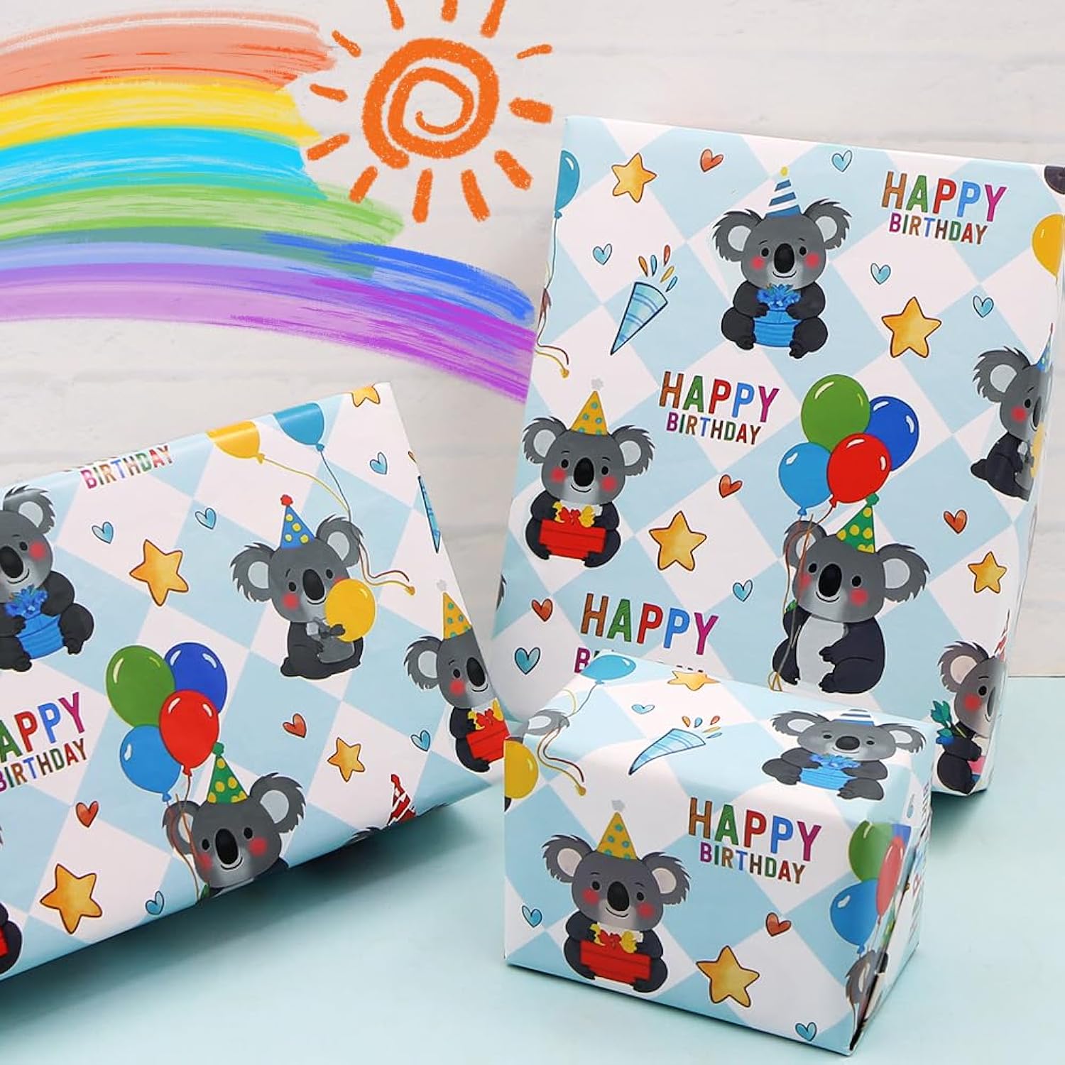 Koala Wrapping Paper Happy Birthday Wrapping Papers, Cute Koala Balloons And Gifts Printed On Blue White Checkered Background Gift Wrap Paper - 4 Sheets Folded Flat - For Birthday, Holiday, Wedding, Baby Shower Wrap