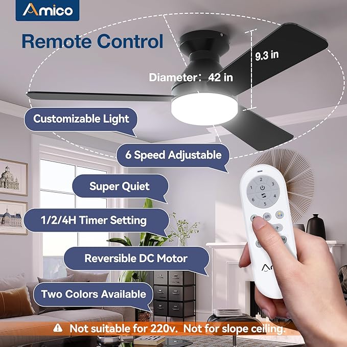 42 Inch Black Ceiling Fan with Light and Remote Low Profile Dimmable Indoor Outdoor