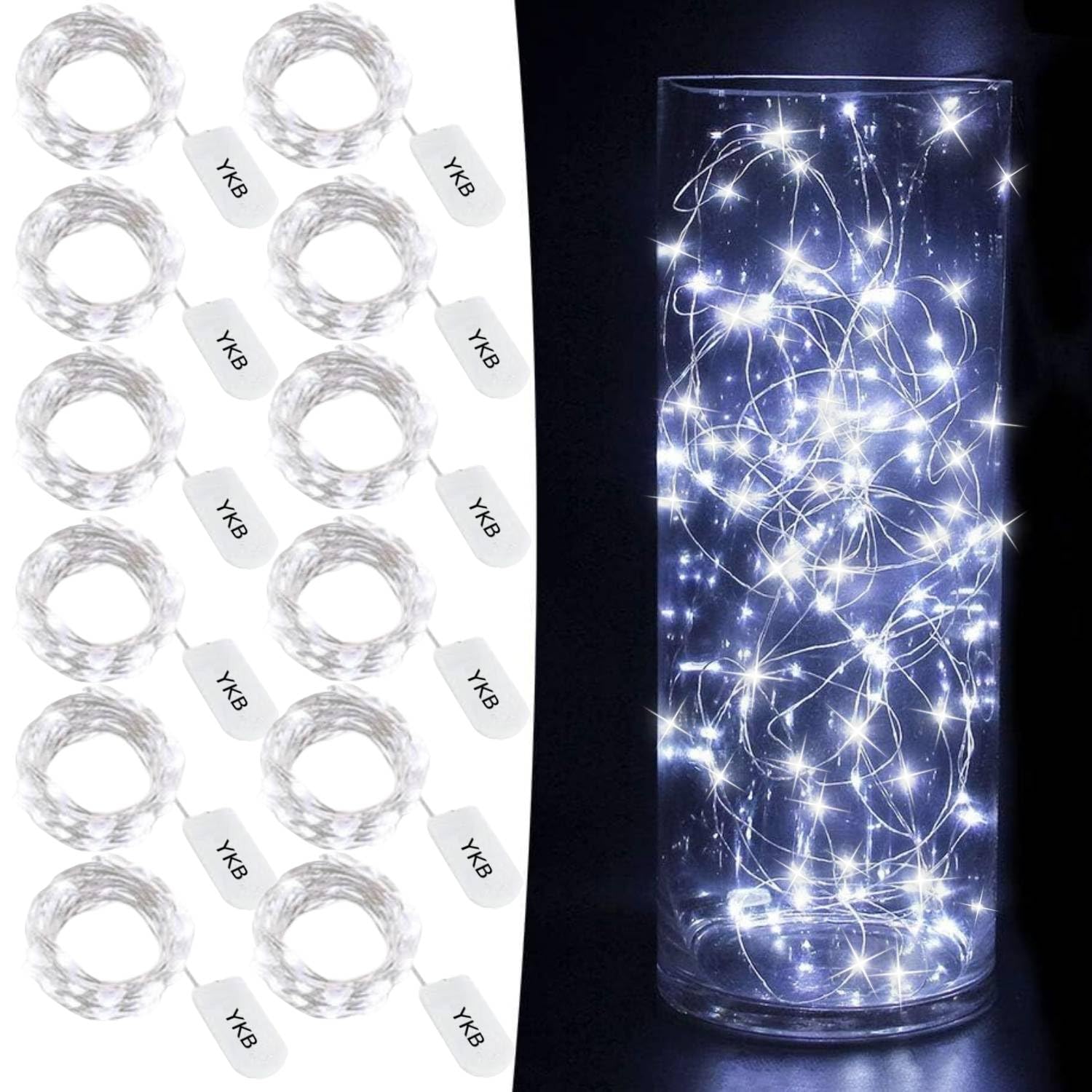 12 Pcs White Fairy Lights Led String Lights Battery Powered, 20 Micro Leds On 3.3Ft/1M Silvery Copper Wire, Battery Oper