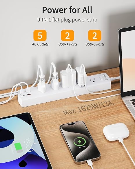 10FT Power Strip 5 Outlets 4 USB Ports 1700J Surge Protector Flat Plug White