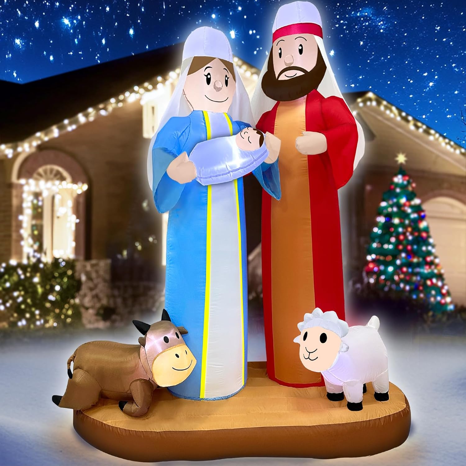 7 Ft Tall 5.7 Ft Long Christmas Inflatables Nativity Scene Outdoor Decorations, Christmas Blow Up Jesus Manger Set With