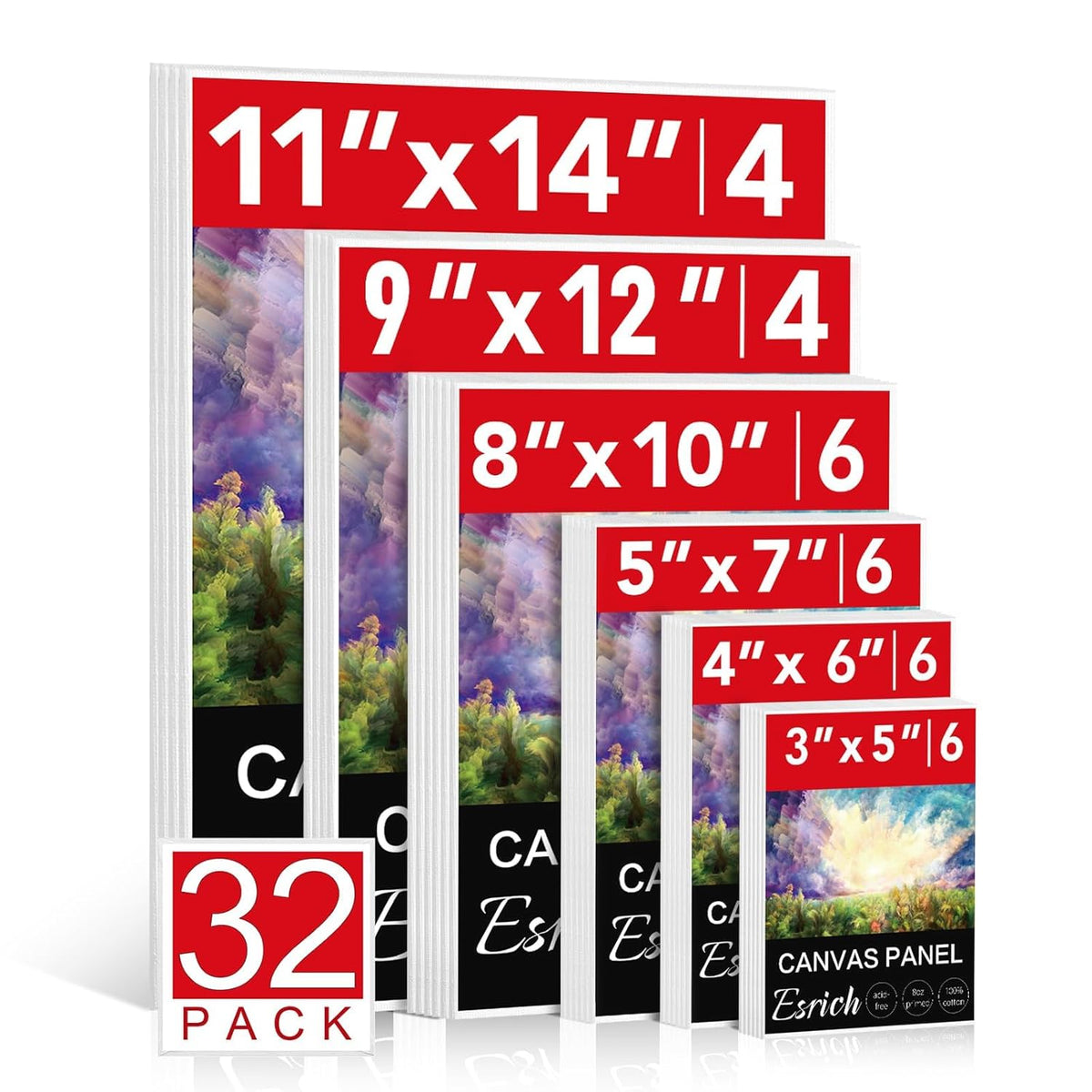 Canvas Boards For Painting 32 Pack Art Supplies Paint Canvas 3X5, 4X6, 5X7, 8X10, 9X12, 11X14 Blank Large Canvases For Painting-Cotton Primed Canvas Panels For Acrylic, Oil, Gouache & Tempera.
