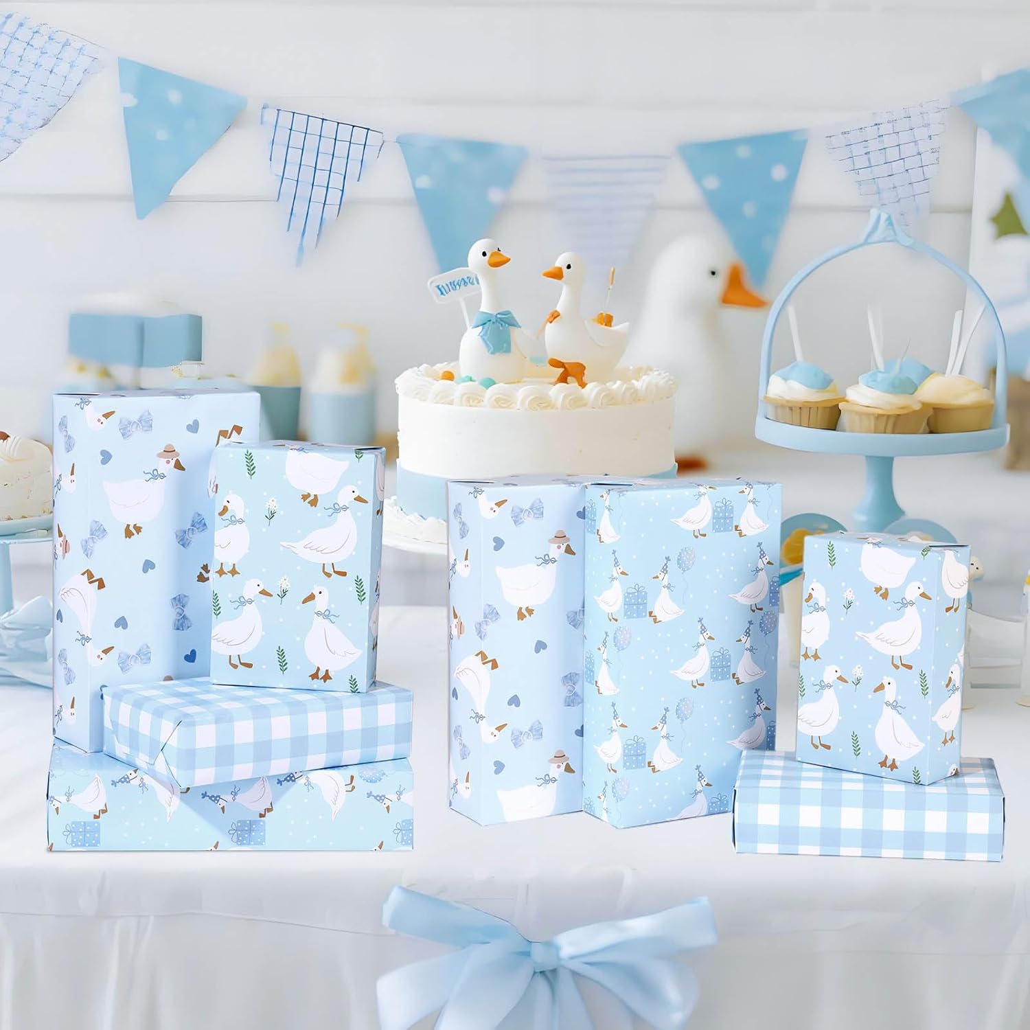 12 Sheets Goose Wrapping Paper, Farm Animal Gift Wrap Paper Cute Goose Gift Packing Paper Folded Flat For Baby Shower Boys Birthday Gender Reveal Diy Crafts, 19.7 X 27.6 Inch, Blue
