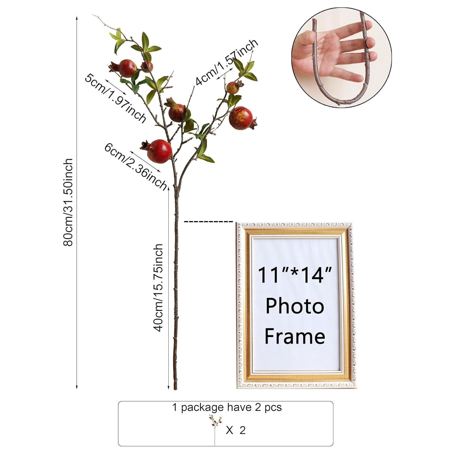 2Pcs Red Berry Stems Pomegranate Faux Flowers Fall Fake Floral Artificial Fruits Decor Tall Branches For Vase Room Dining Table Arrangements Christmas Tree Decorations Indoor