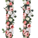 2 Pack Artificial Flower Garlands 11.2Ft Eucalyptus Garlands With Flowers 8 Head Peony Flower Vine Faux Floral Garland For Wedding Arch Table Wall Backdrop Wreath Decoration. (Pink & White)