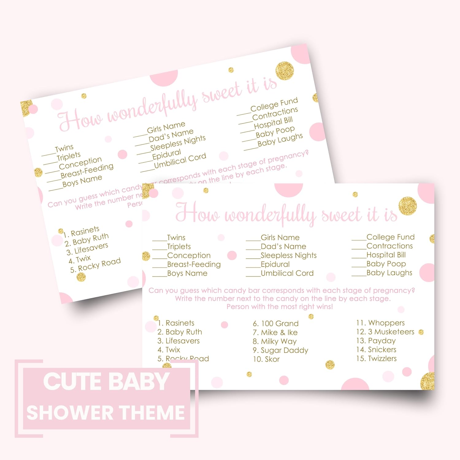 Pink And Gold Baby Shower Game - Candy Bar Matching Activity Cards - Guess The Stages Of Pregnancy And Parenthood - Funny Game For Guests - Twinkle Star Princess Theme - 25 Pack