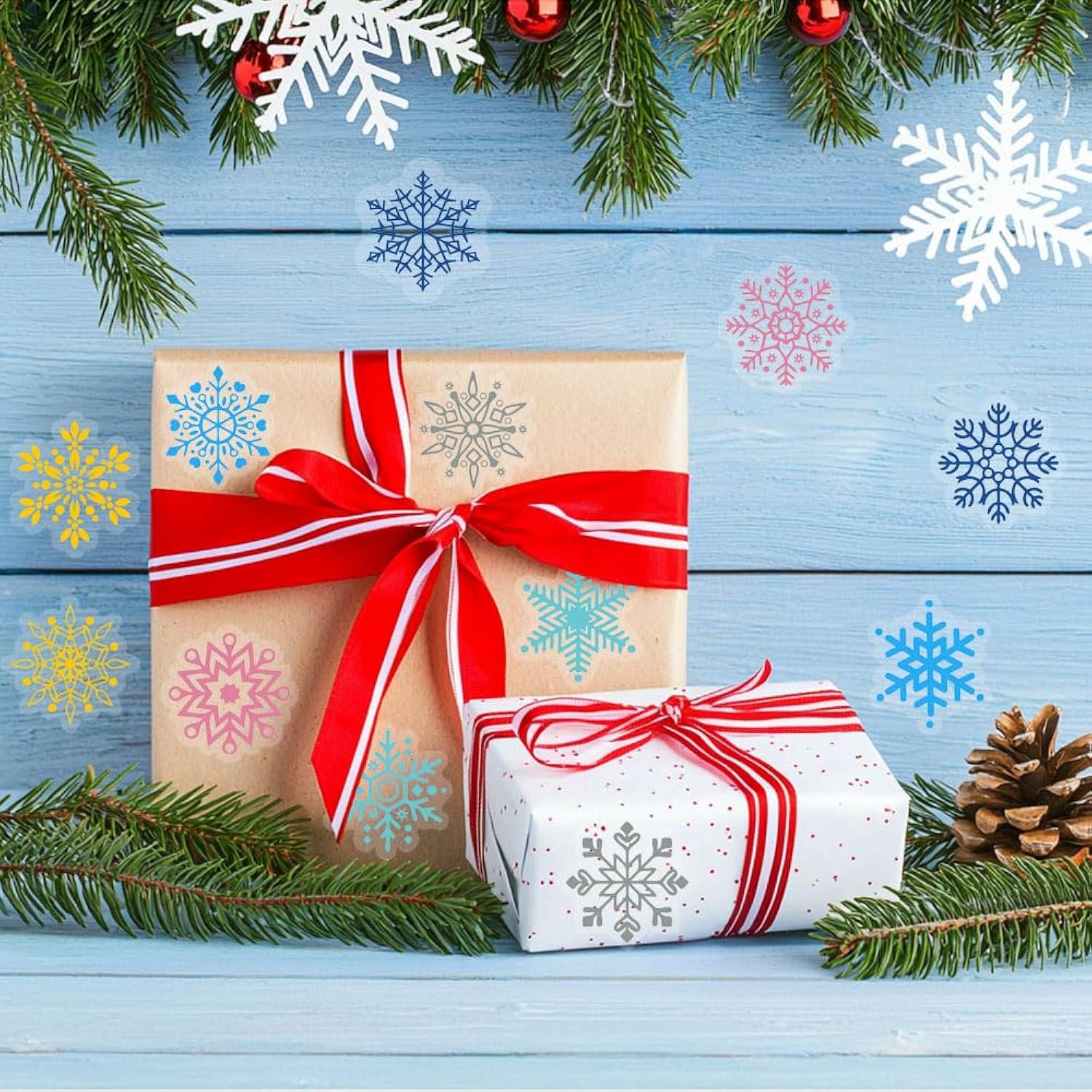 1200Pcs Clear Christmas Stickers Roll Snowflake Stickers Xmas Winter Holiday Round Adhesive Label Stickers Decal For Xmas Envelopes Invitations Cards Gifts Decor, 12 Designs