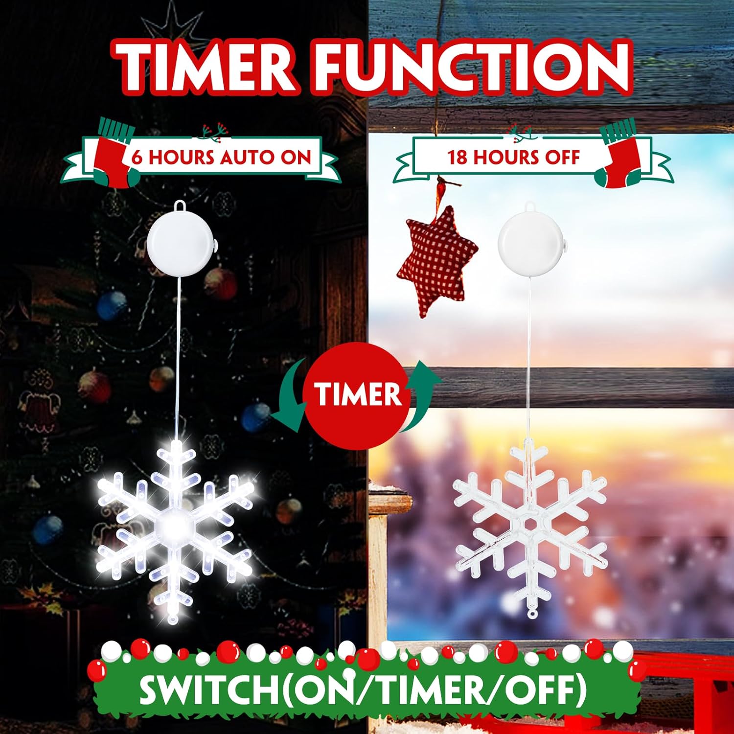 Christmas Decorations 3Pcs White Snowflake Window Lights With Suction Cup Battery Operated Christmas Lights, Hanging Lig