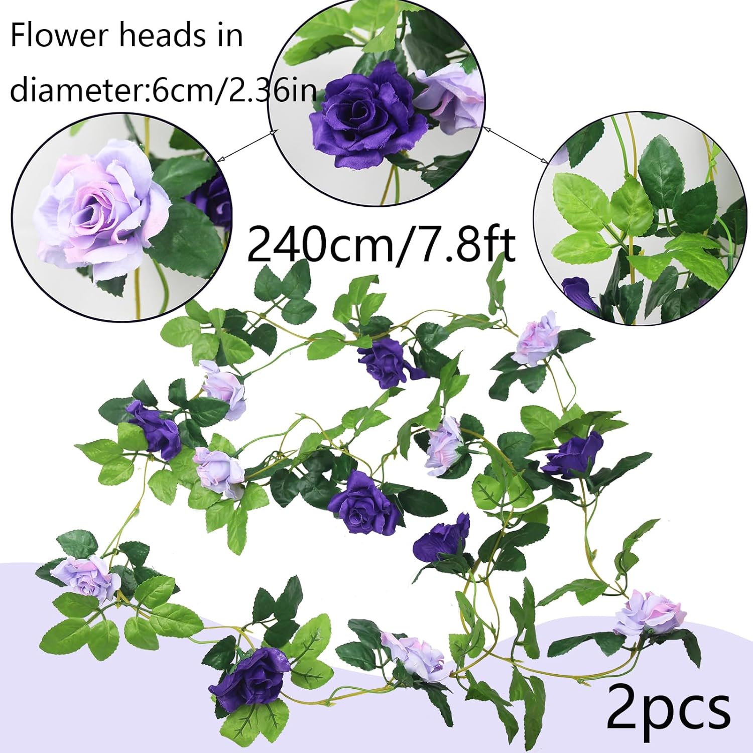 2 Pcs Artificial Rose Vines Flowers Garland Hanging Silk Rose Vine Outdoor 15.8Ft Silk Flowers Rose Ivy Vines For Bedroom Wedding Arch Decor Purple Flower Garland For Backdrop Wall Home Garden
