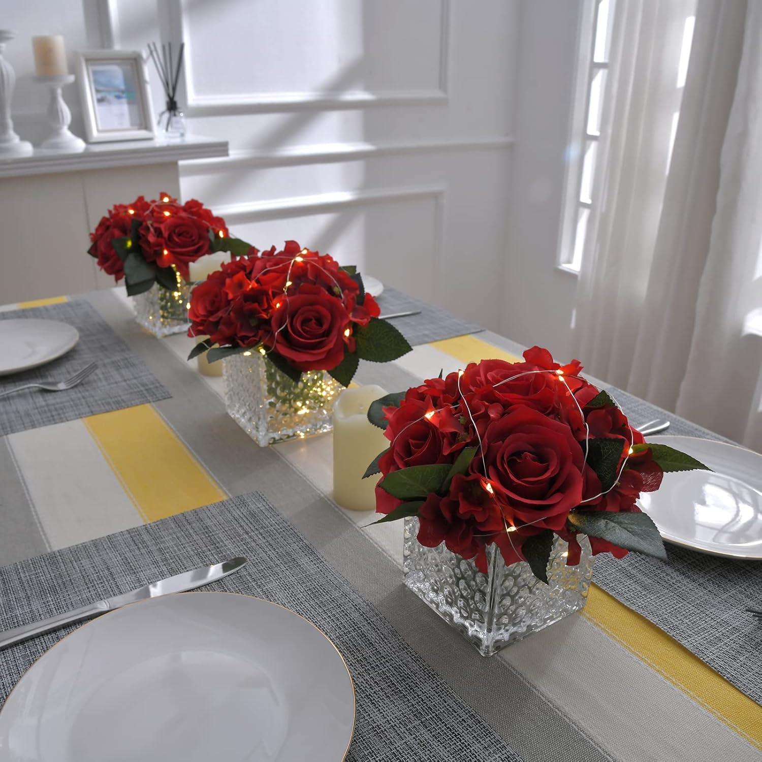 Fule Artificial Silk Rose Flower Centerpiece Arrangement In Glass Vase With Led Light For Home Wedding Decoration (Red)