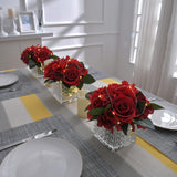 Fule Artificial Silk Rose Flower Centerpiece Arrangement In Glass Vase With Led Light For Home Wedding Decoration (Red)