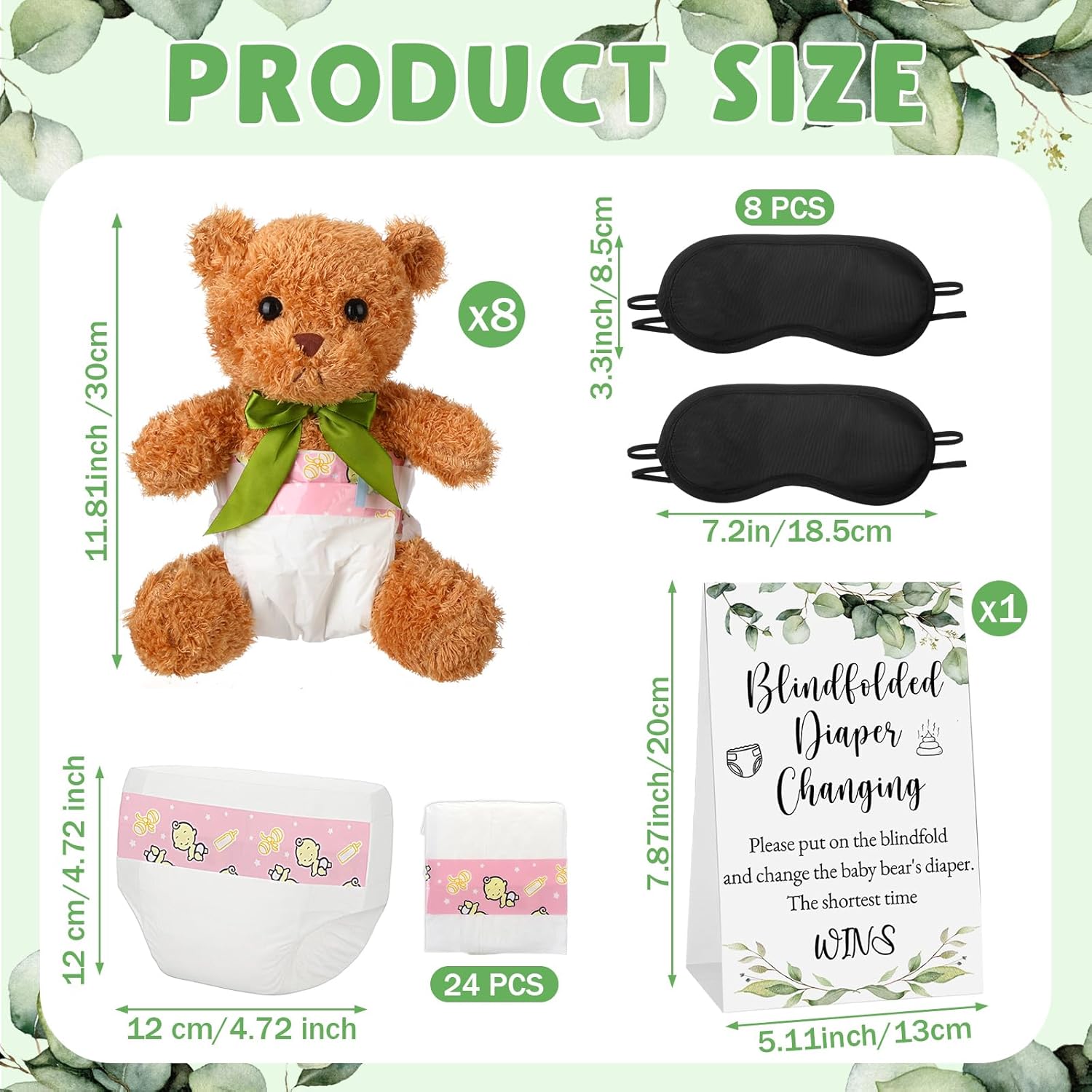 8 Set Bear Blindfolded Diaper Changing Baby Shower Game Supplies Include 12 Inch Bear Dolls Blindfold Diapers Games Sign Prizes For Adult Gender Reveal Raffle Party(Greenery)