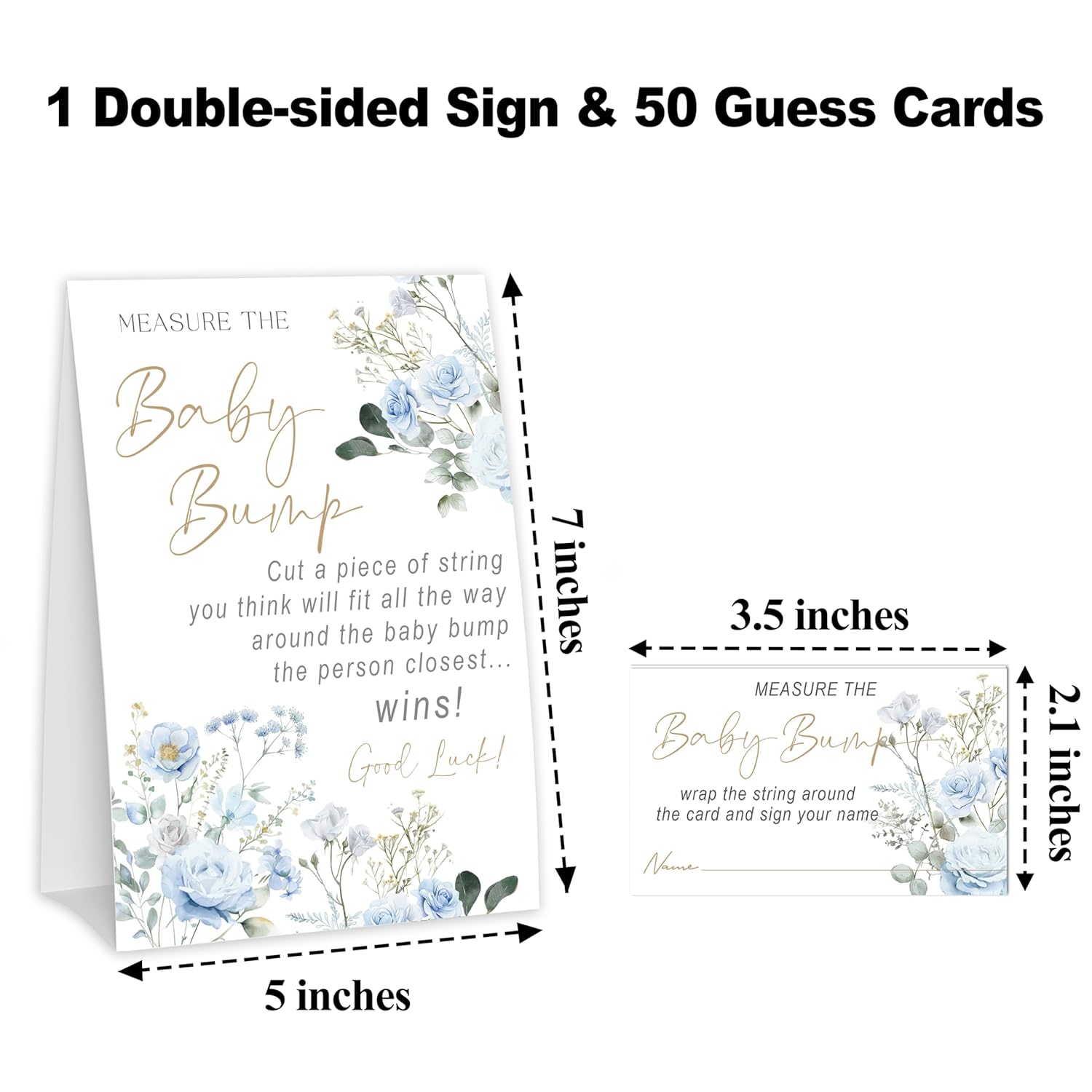 Baby In Bloom How Big Is Mommys Belly Game, Measure The Baby Bump Baby Shower Game, Blue Floral Baby Shower Party Decor & Supplies, 1 Sign & 50 Guess Cards-A04