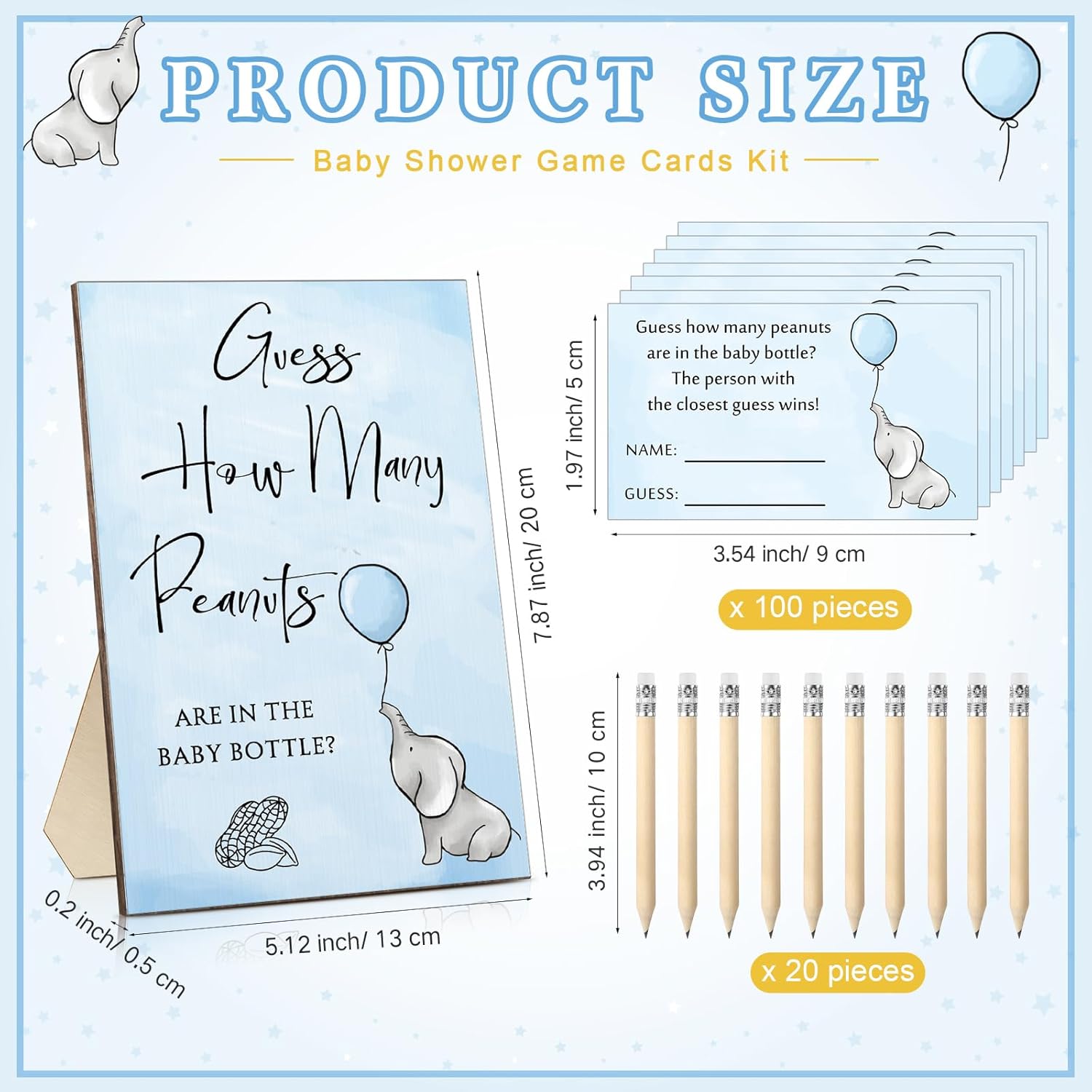 122 Pcs Guess How Many Baby Shower Game Set 100 Guessing Cards 20 Pencils 1 Plastic Baby Candy Bottle 1 Elephant Wood Standing Sign Decorations For Gender Reveal Party Favors