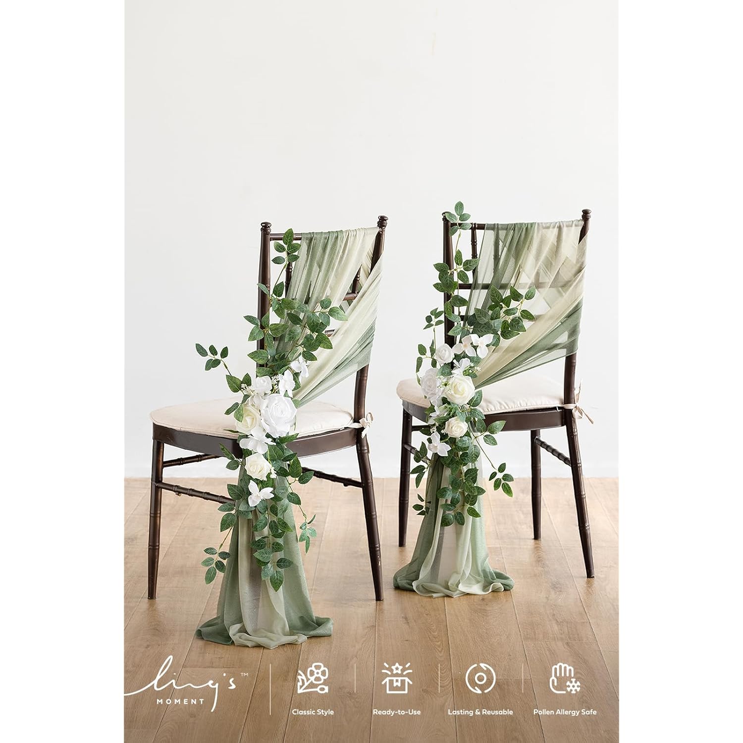 8 Wedding Chair Decorations Aisle Pew Church Artificial Flowers Greenery Swag White Sage Green Bench Ceremony Reception Floral Faux Backdrop Rose Arrangements Party Outdoor Decorations