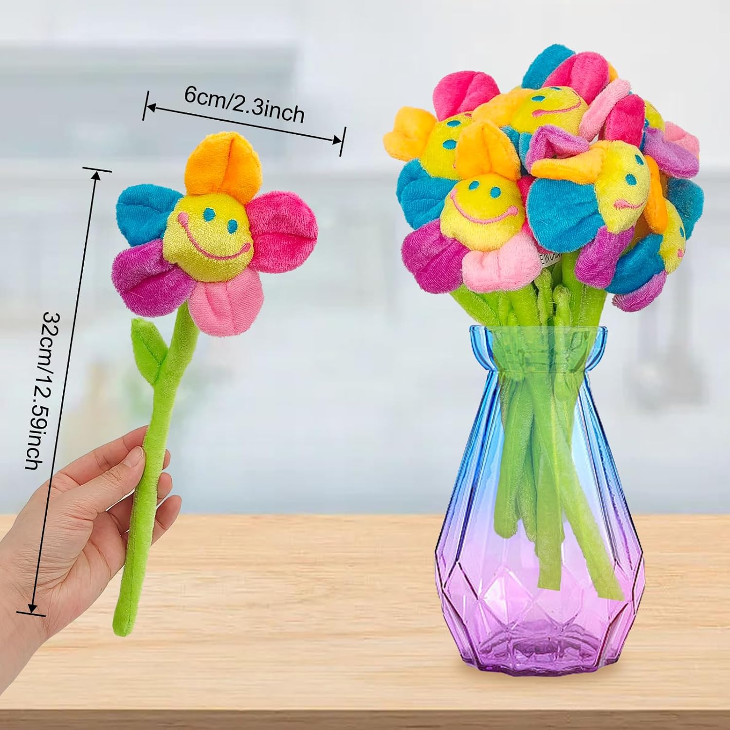 8 Pack Artificial Plush Flowers Colorful Curtain Buckle Tiebacks Cute Big Smile Face Plush Sunflower With Bendable Stems Bouquet For Home Kids Girls
