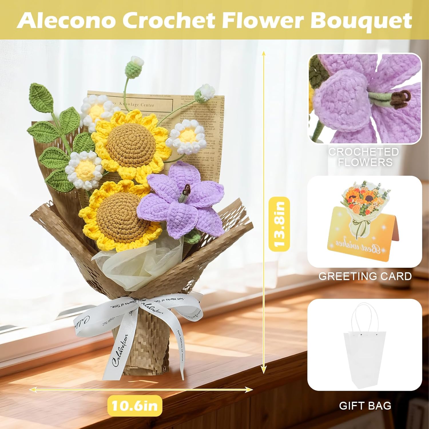 Crochet Flowers Bouquet, Handmade Knitted Sunflower,Crochet Artificial Flower For Valentines Day Lover Gift,Weddings,Family,Friends,Birthday,Mother’S Day, Graduation Gifts (With Gift Bag&Card)