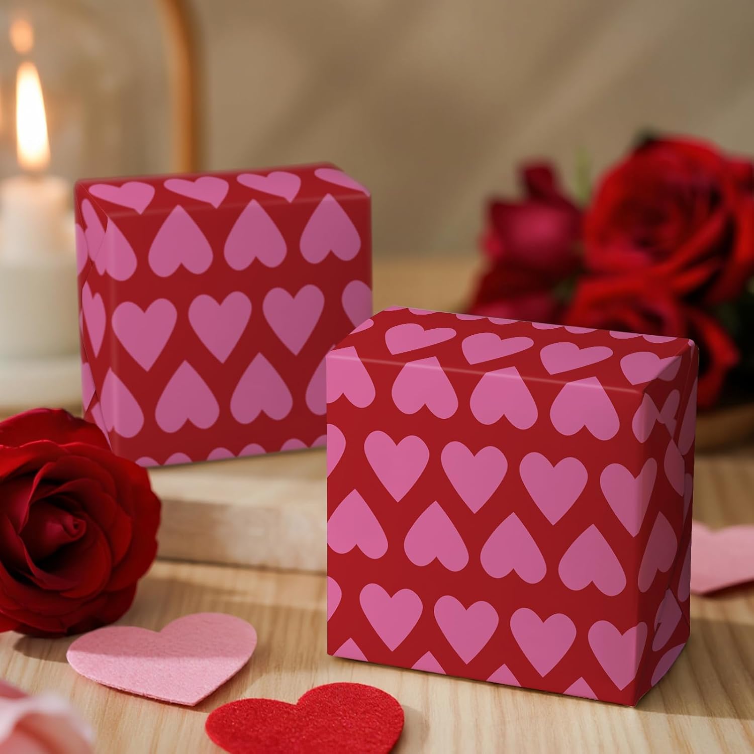 Valentine'S Day Wrapping Paper Roll, Mini Roll, Pink Heart Stripe Design, Red Gift Wrap For Girls, Wife, Wedding, Anniversary, Birthday, Valentine'S Day, Bridal Shower, 17 Inches X 16.4 Feet