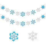 Glitter Frozen Snowflake Garland Banner Winter White And Blue Snowflakes For Wonderland Frozen Party Decorations, Birthday And Christmas Deco