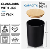 12 Pack, 10 Oz Black Candle Jars With Bamboo Lids And Sticky Labels, Empty Glass Candle Jars For Making Candles, Morden Kitchen Bathroom Small Object Container - Dishwash Safe
