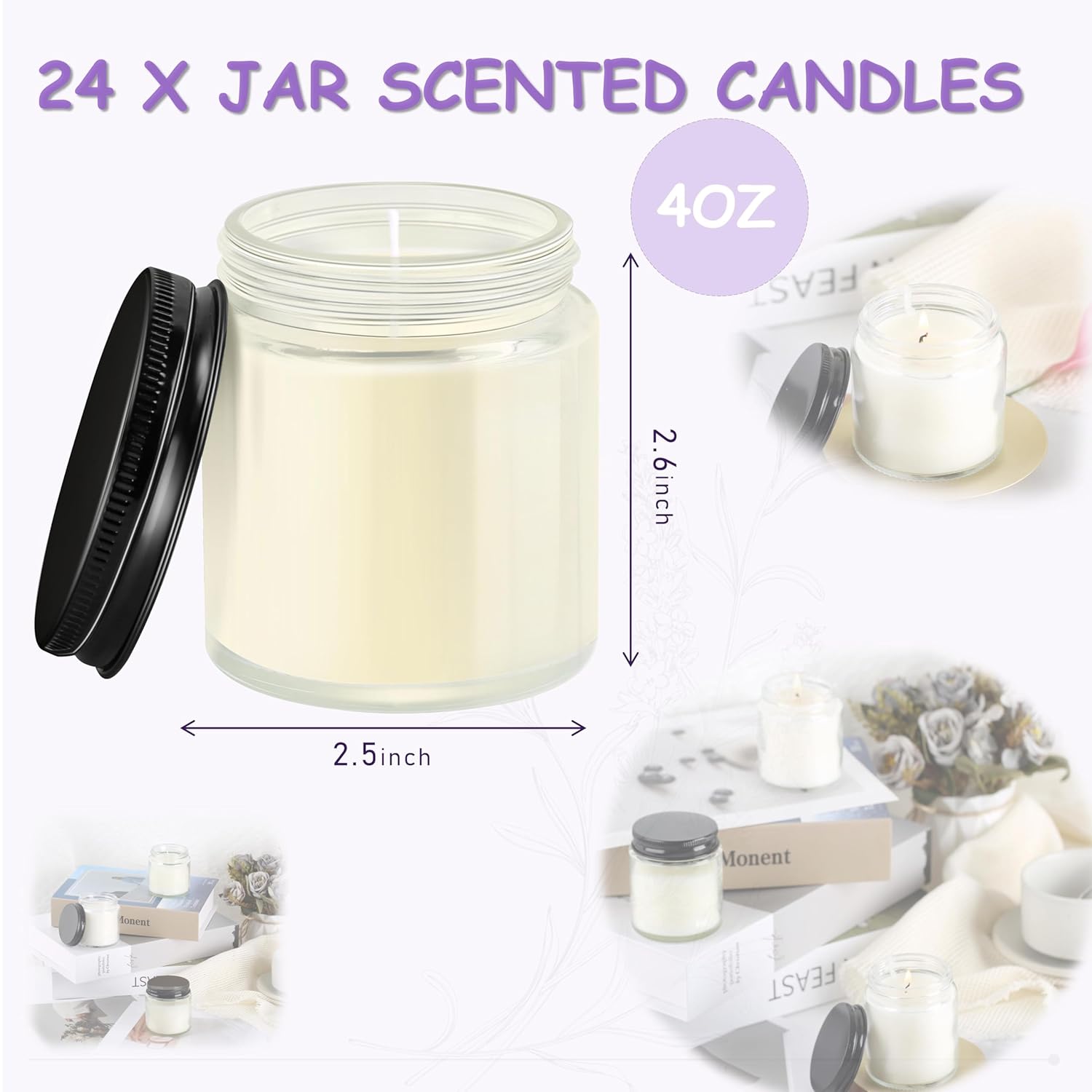 24 Pcs 4Oz Mini Mason Jar Candles Small Lavender Scented Candles Bulk Aromatherapy Ideal Souvenir Favors For Wedding Birthday Party (Black, 24)