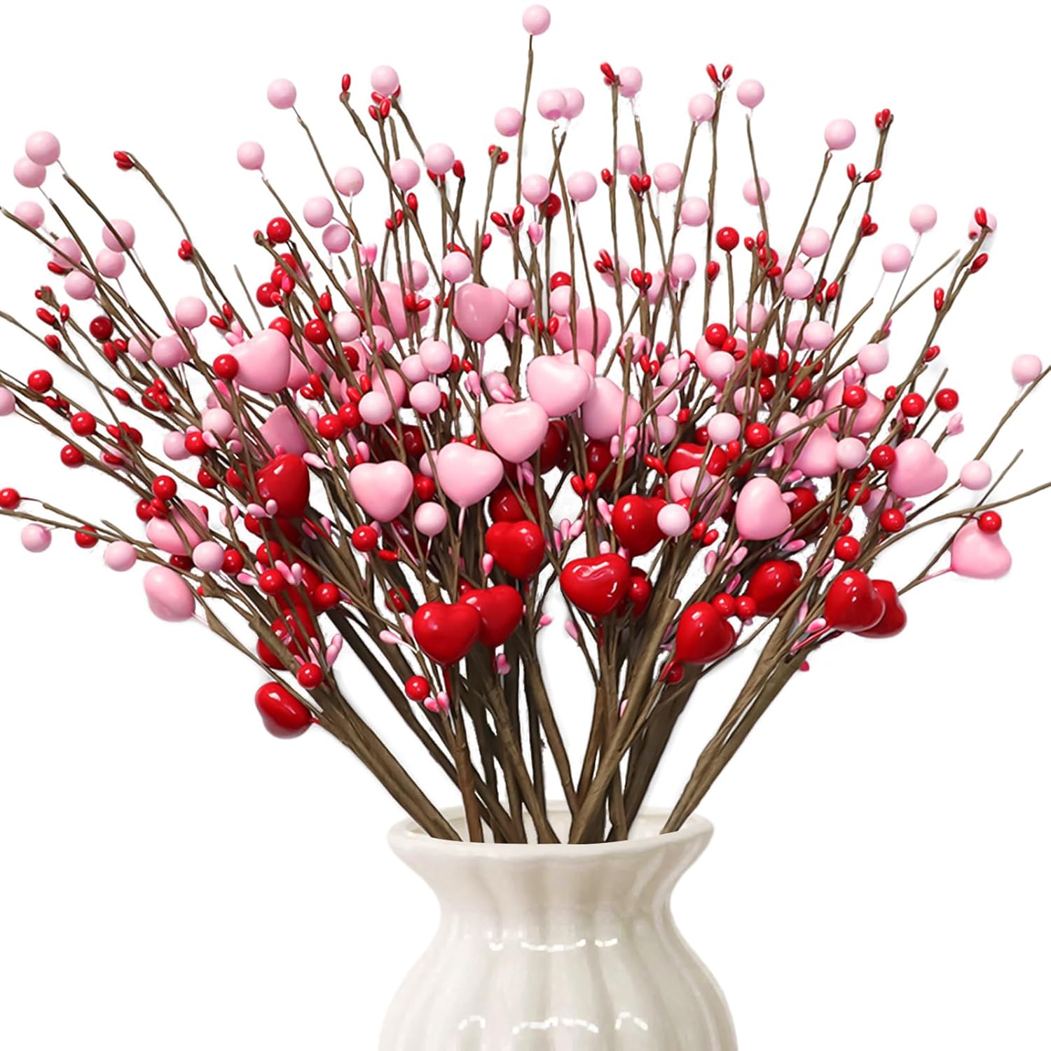 Valentines Day Decorations 16 Pack Valentines Day Picks, Valentines Day Floral Picks With Pink Hearts & Red Berries,Valentine'S Day Heart Pick For Vase, Home