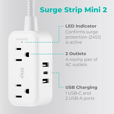 2 Outlet Mini Surge Protector 1 USB C 2 USB A 5FT Braided Cord White