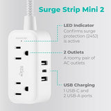 2 Outlet Mini Surge Protector 1 USB C 2 USB A 5FT Braided Cord White