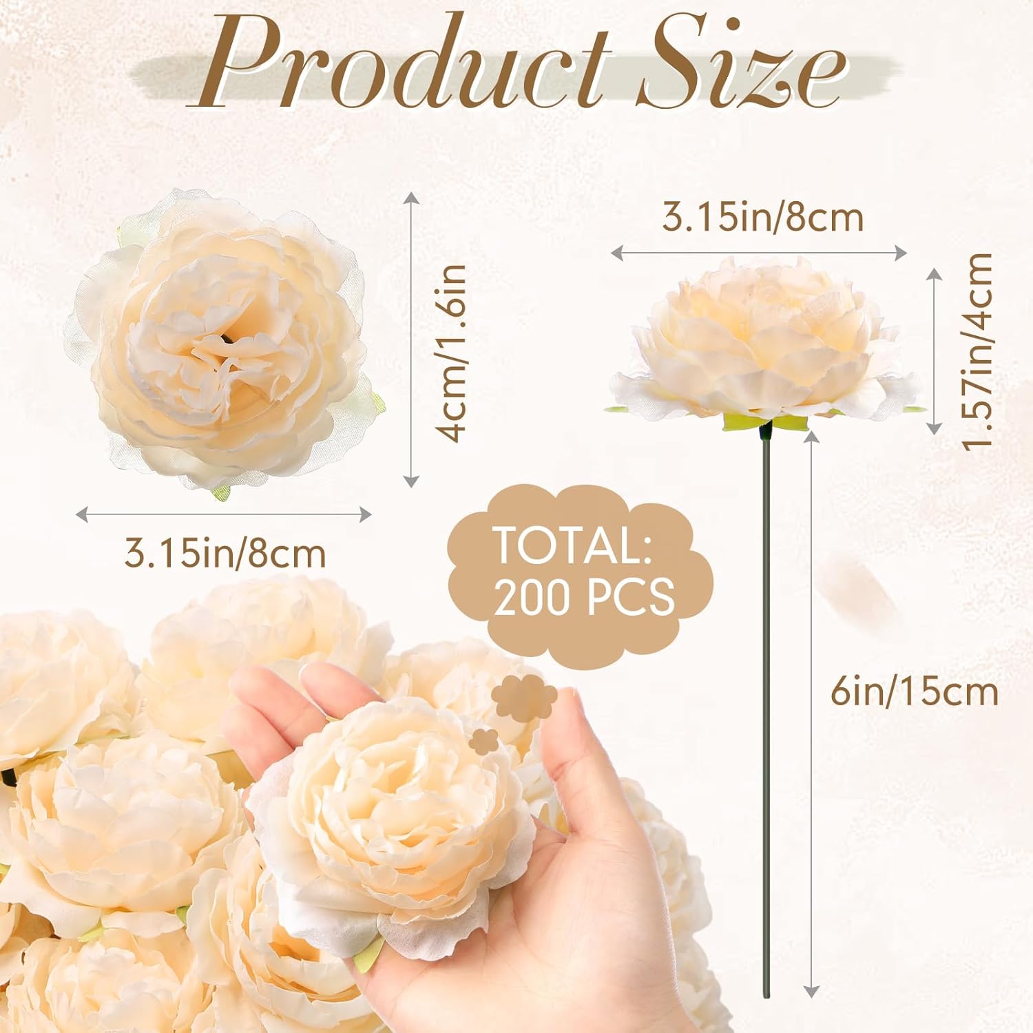 200 Pcs Flowers Long Stem Artificial Rose Bulk, 3.2 Inches Silk Rose Head Flowers Faux For Wedding Bridal Bouquet Independence Day Home Floral Diy Centerpieces Party Decoration(Champagne)